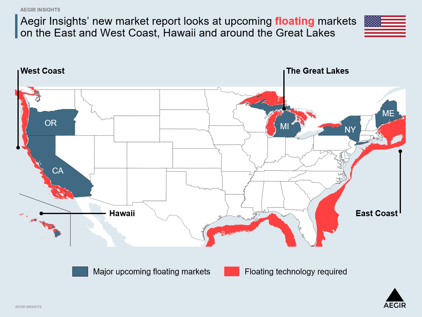 A map showing the U.S. and areas for floating offshore wind. Aegir Insights' new market report looks at upcoming floating market on the East and West Coast, Hawaii and around the Great Lakes.