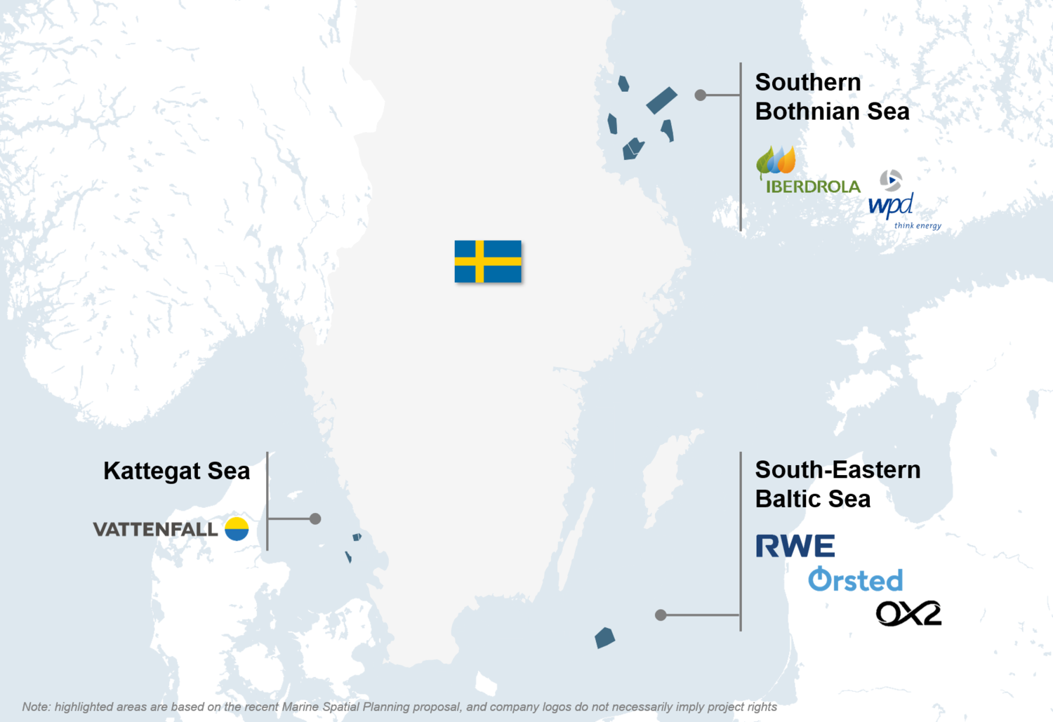 Map of Sweden with proposed offshore wind projects highlighted, including project developers.