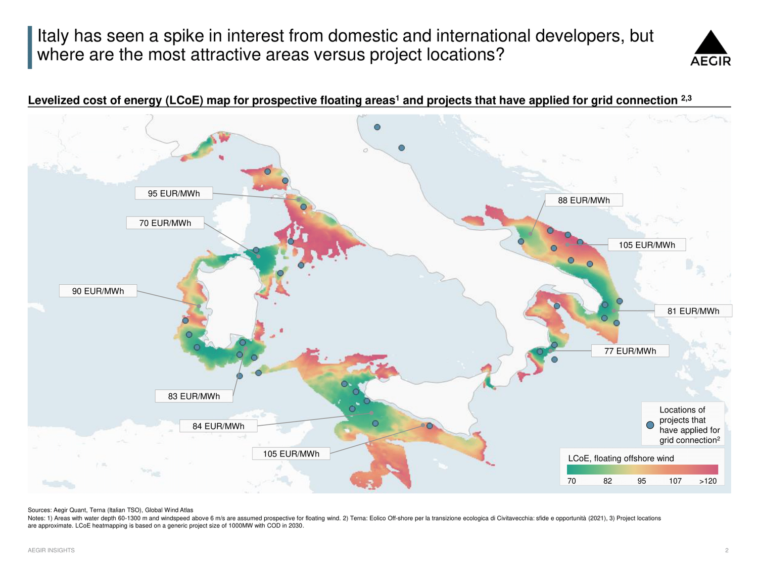 Map of Italy showing wind speeds and locations of offshore wind projects that have applied for grid connection to TERNA.