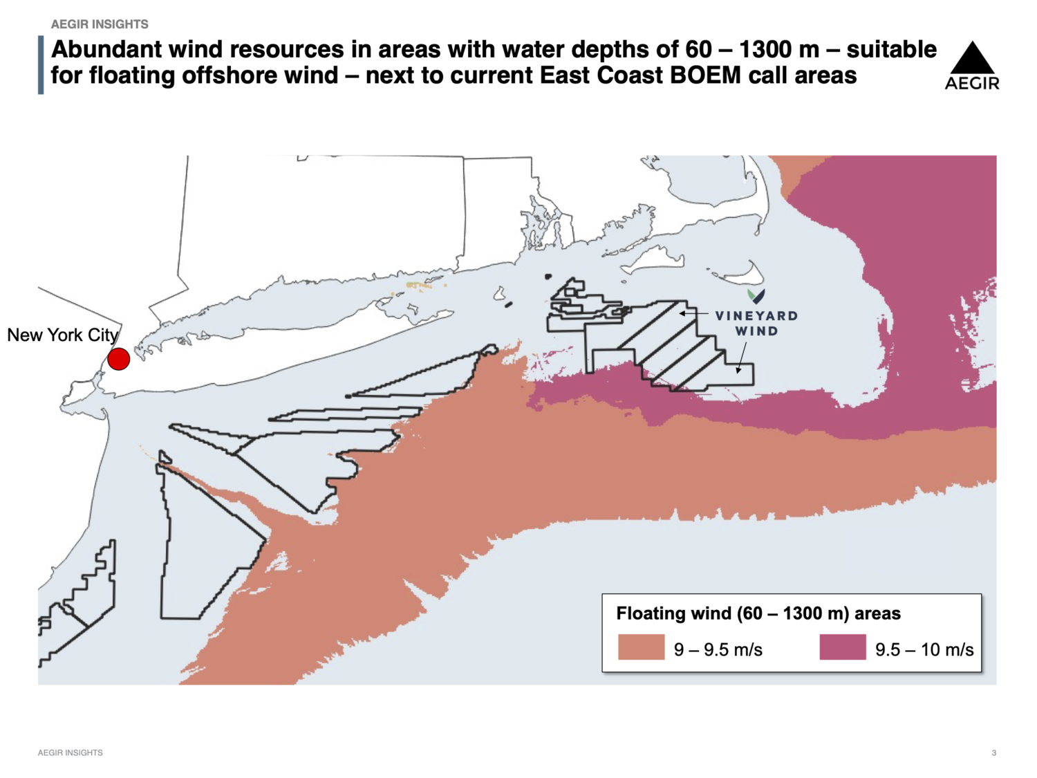 Map of the US East Coast off New York highlighting areas with good wind speeds. Abundant wind resources can be found in areas with water depths of 60-1300m suitable for floating offshore wind - next to current East Coast BOEM call areas