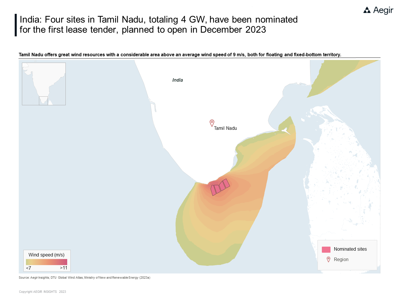 India offshore wind auction of four sites off the state of Tamil Nadu, highlighting the nominated areas on a map and the average wind speeds in the area.