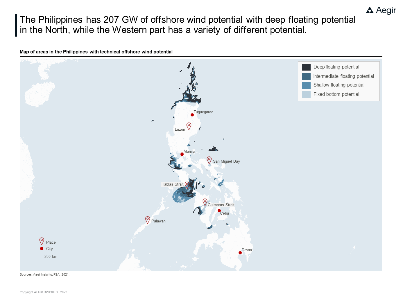 Map of areas in the Philippines with technical offshore wind potential. The Philippines has 207 GW of offshore wind potential with deep floating potential in the North.
