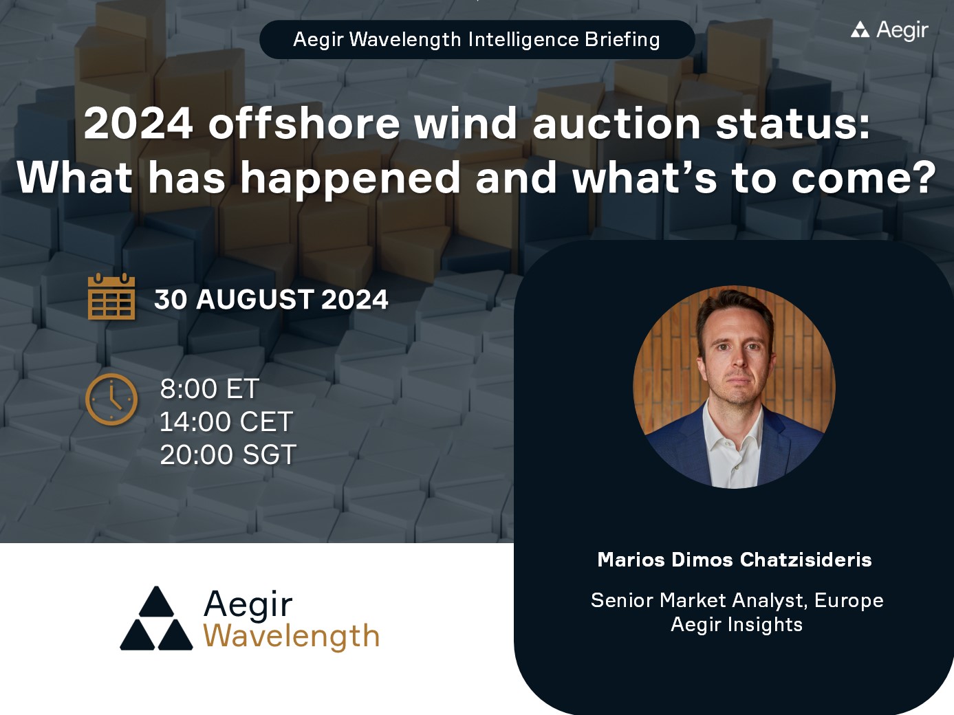 Advertisement for Aegir Insights' next Wavelength Intelligence Briefing webinar: 2024 offshore wind auction status: What has happened and what's to come?