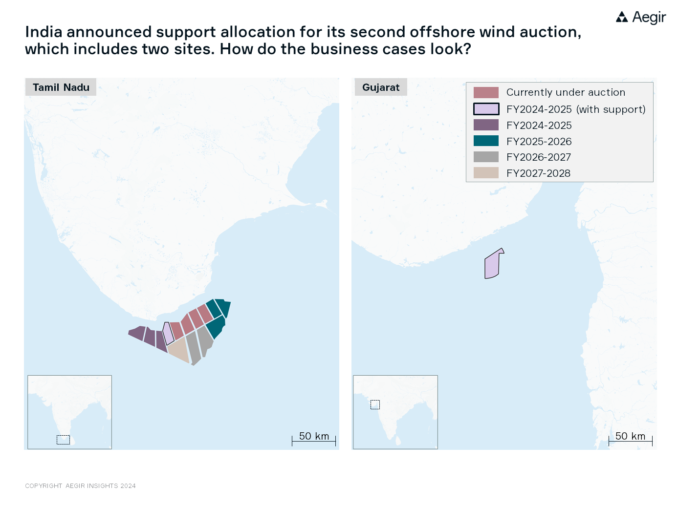 Map by Aegir Insights, showing offshore wind development areas off India. India announced support allocation for its second auction for offshore wind, which includes two sites.