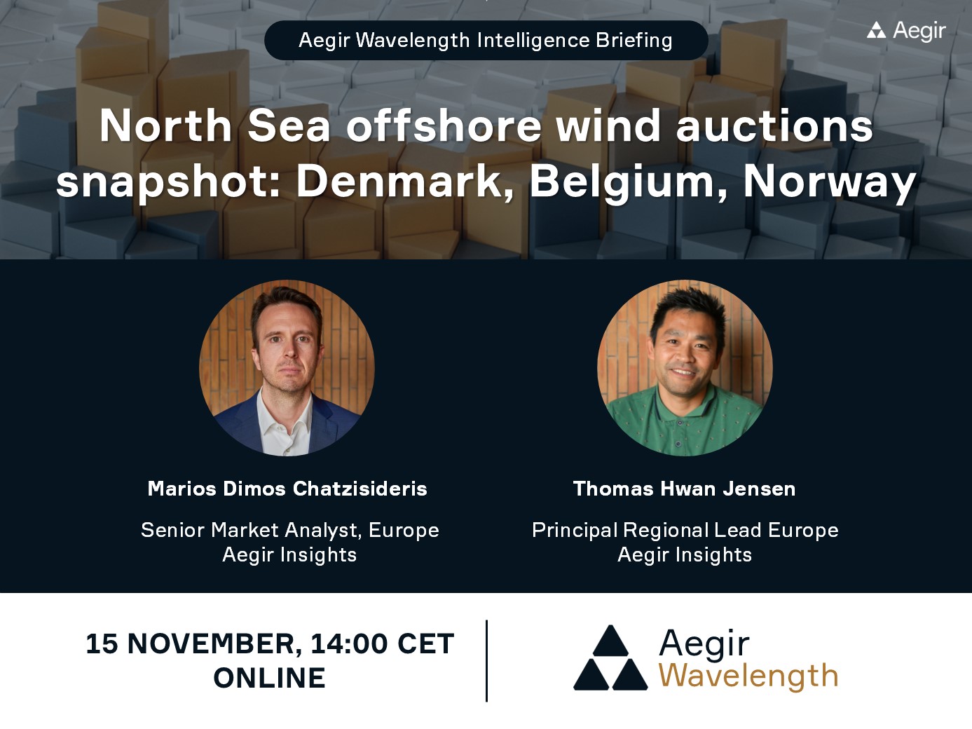 Announcement of Aegir Insights' next Wavelength Intelligence Briefing: North Sea offshore wind auctions snapshots: Denmark, Belgium, Norway.