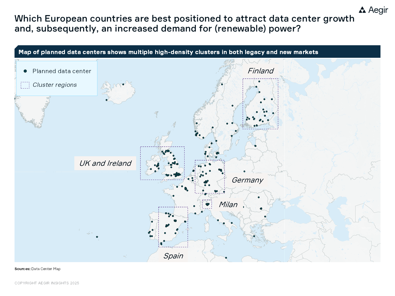 Which European countries are best positioned to attract data center growth and, subsequently, an increased demand for (renewable) power? A map by Aegir Insights with planned data centers shows multiple high-density clusters in both legacy and new markets.