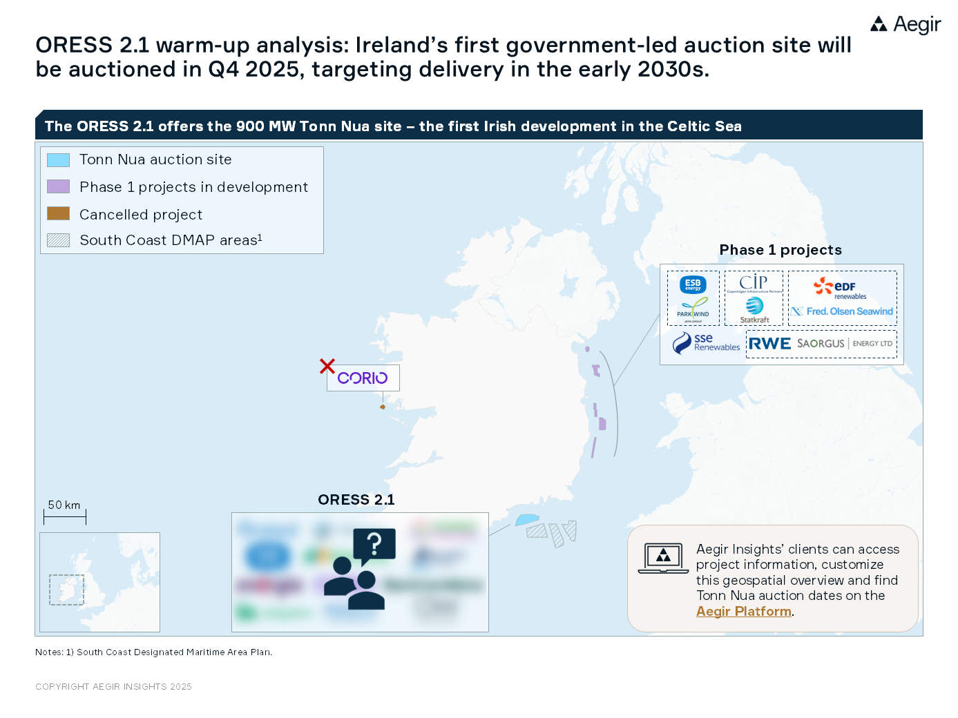 Map by Aegir Insights, showing offshore wind areas in Ireland. ORESS 2.1 warm-up analysis: Ireland's first government-led auction site will be auctioned in Q4 2025, targeting delivery in the early 2030s.