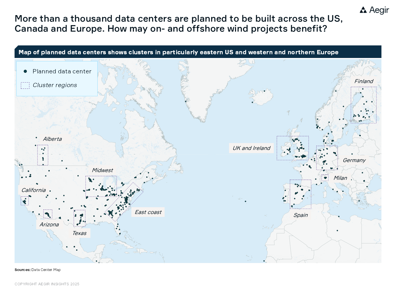 New analysis by Aegir Insights on the data center boom: more than a thousand data centers are planned to be built across the US, Canada and Europe. How may on- and offshore wind projects benefit?