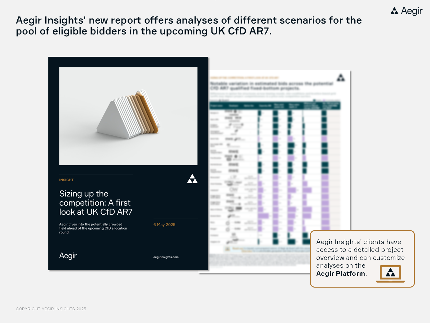 Aegir Insights' new report offers analyses of different scenarios for the pool of eligible bidders in the upcoming UK CfD AR7. Aegir Insights' clients have access to a detailed project overview and can customize analyses on the Aegir Platform.