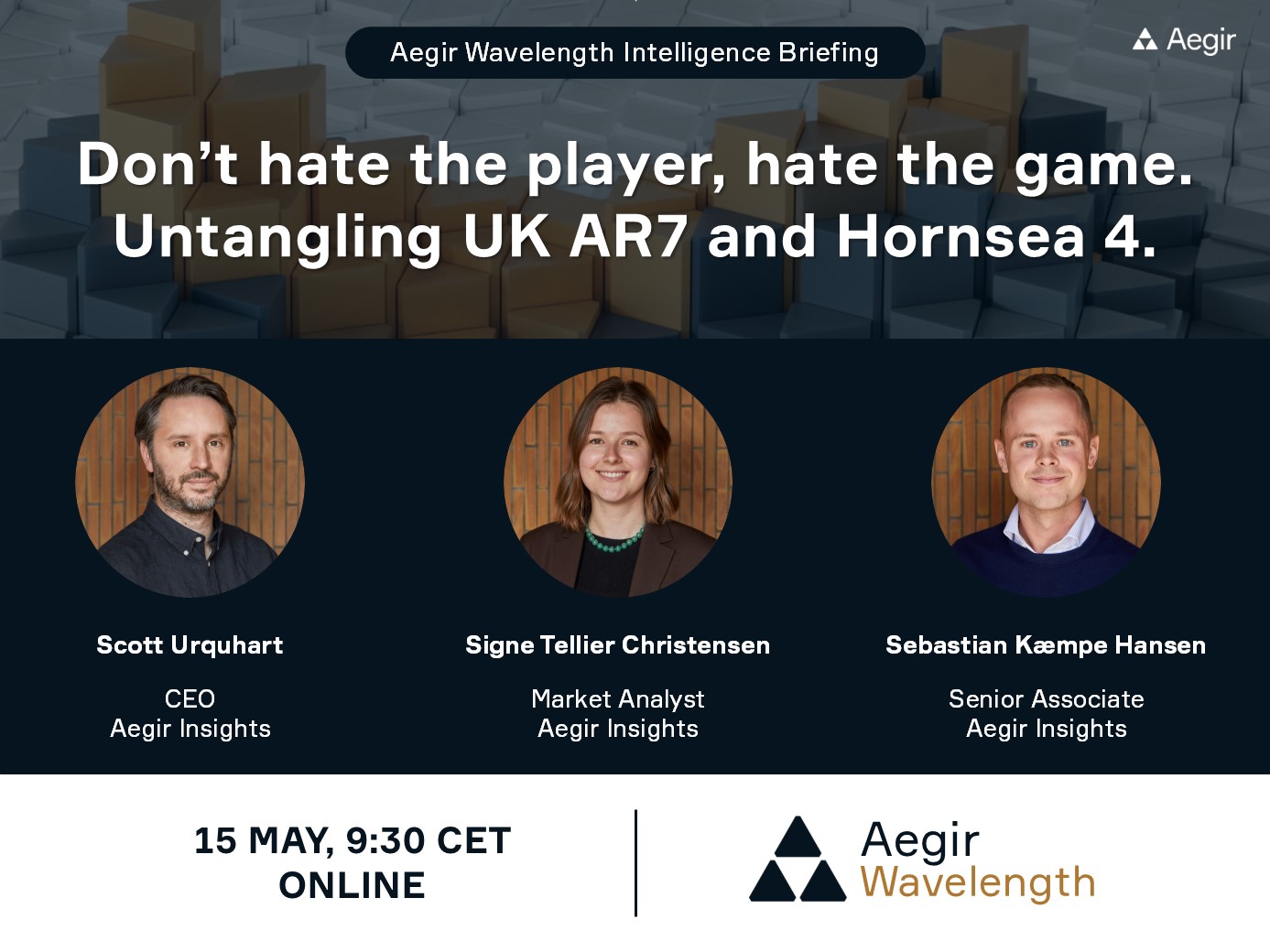 Aegir Insights' next Wavelength Intelligence Briefing: Don't hate the player, hate the game. Untangling UK AR7 and Hornsea 4. Sign up to join on 15 May, at 9:30 CET.