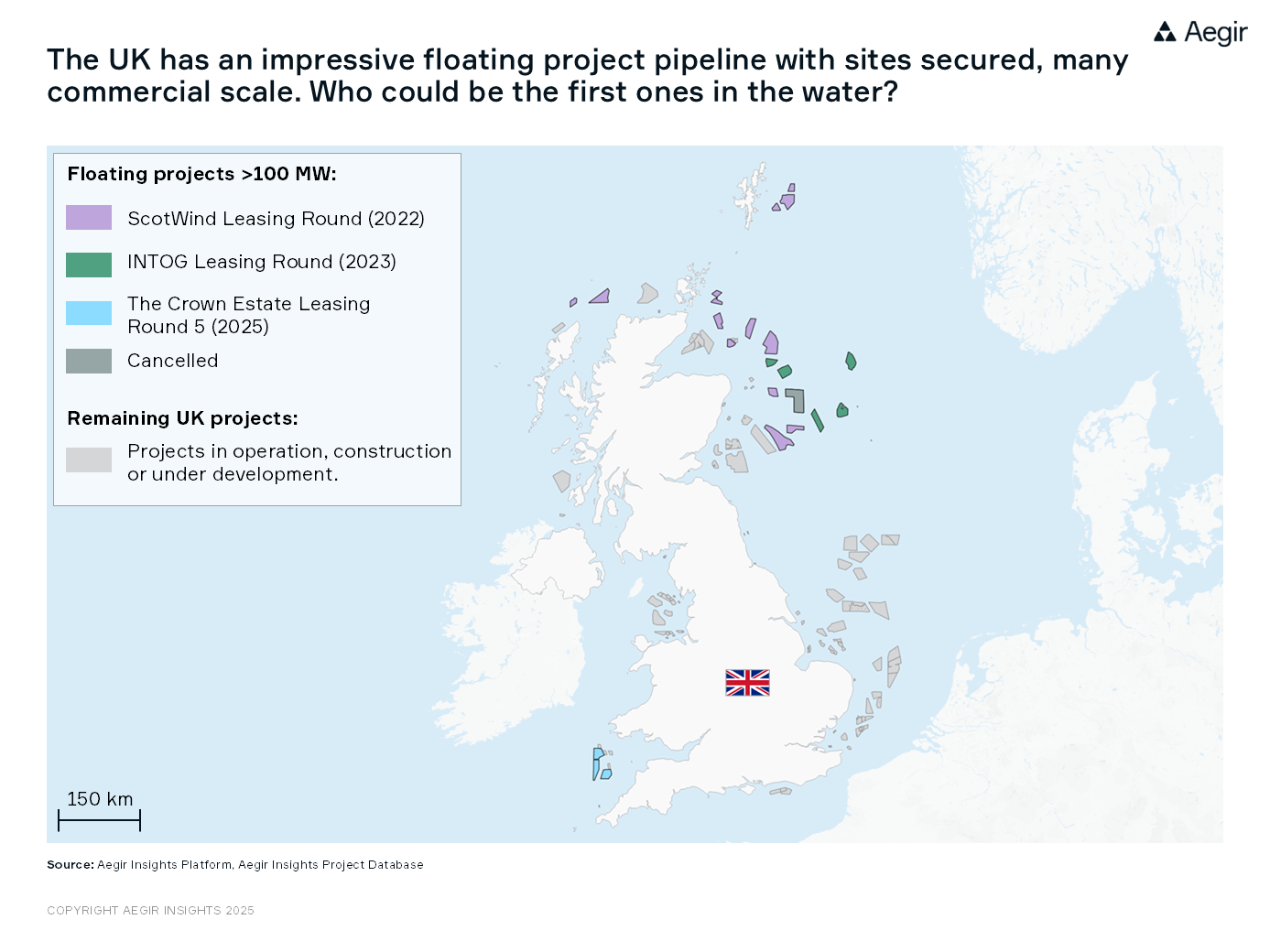 The UK has an impressive floating project pipeline with sites secured, many commercial scale. Who could be the first ones in the water? Map by Aegir Insights showing floating projects off the UK.