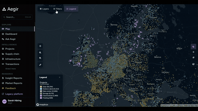 The Aegir Platform map view of Europe showing 100,000+ renewable projects, with Layers, Filters, and a technology Legend.