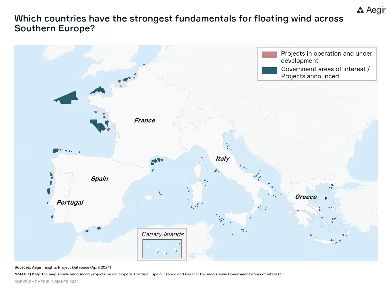Map by Aegir Insights, showing Southern Europe and offshore wind projects either in operation/under construction or government areas of interest across Portugal, Spain, France, Italy and Greece