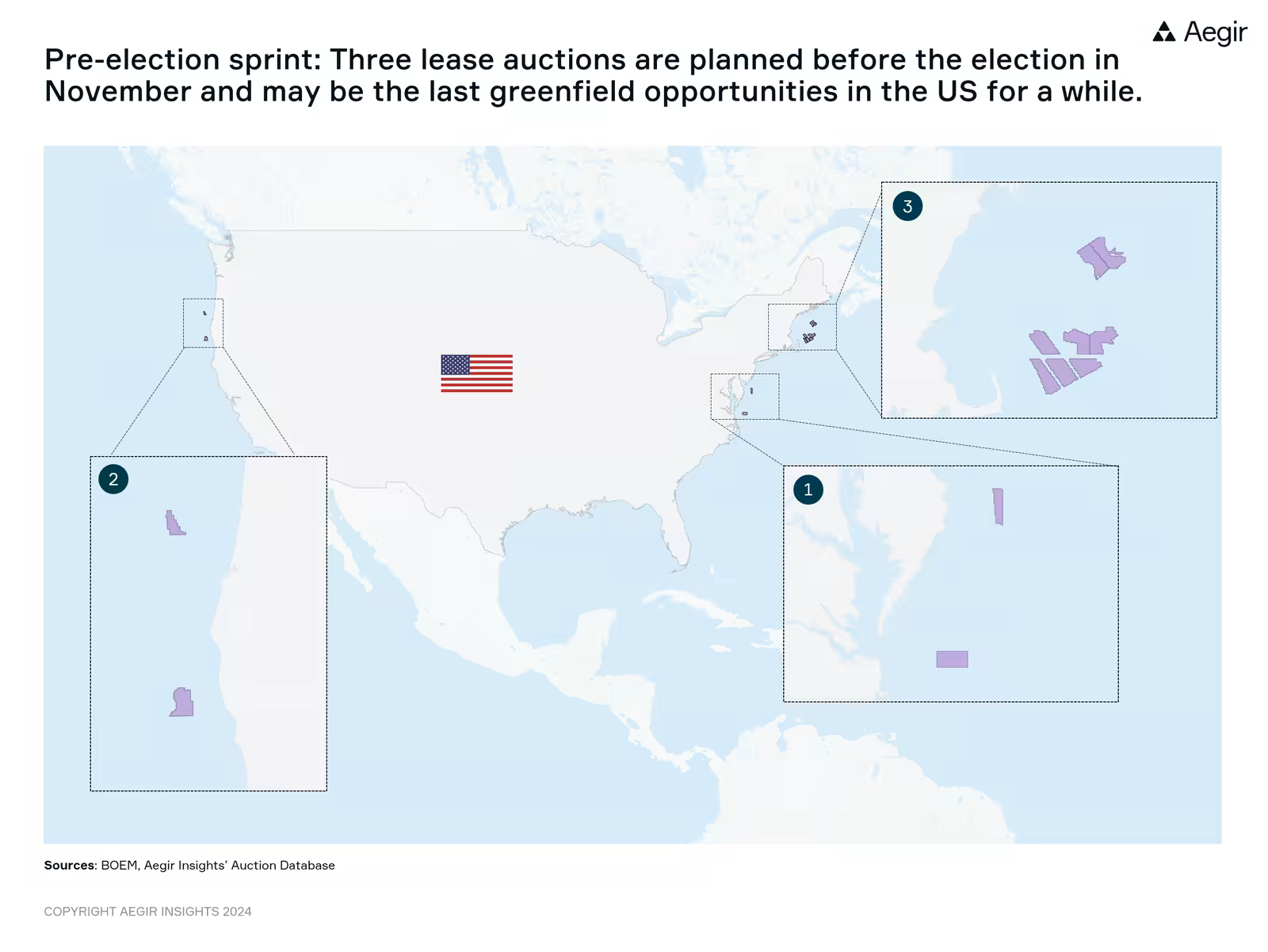 Map by Aegir Insights showing offshore wind development areas in the US. Pre-election sprint: Three lease auctions are planned before the election in November.