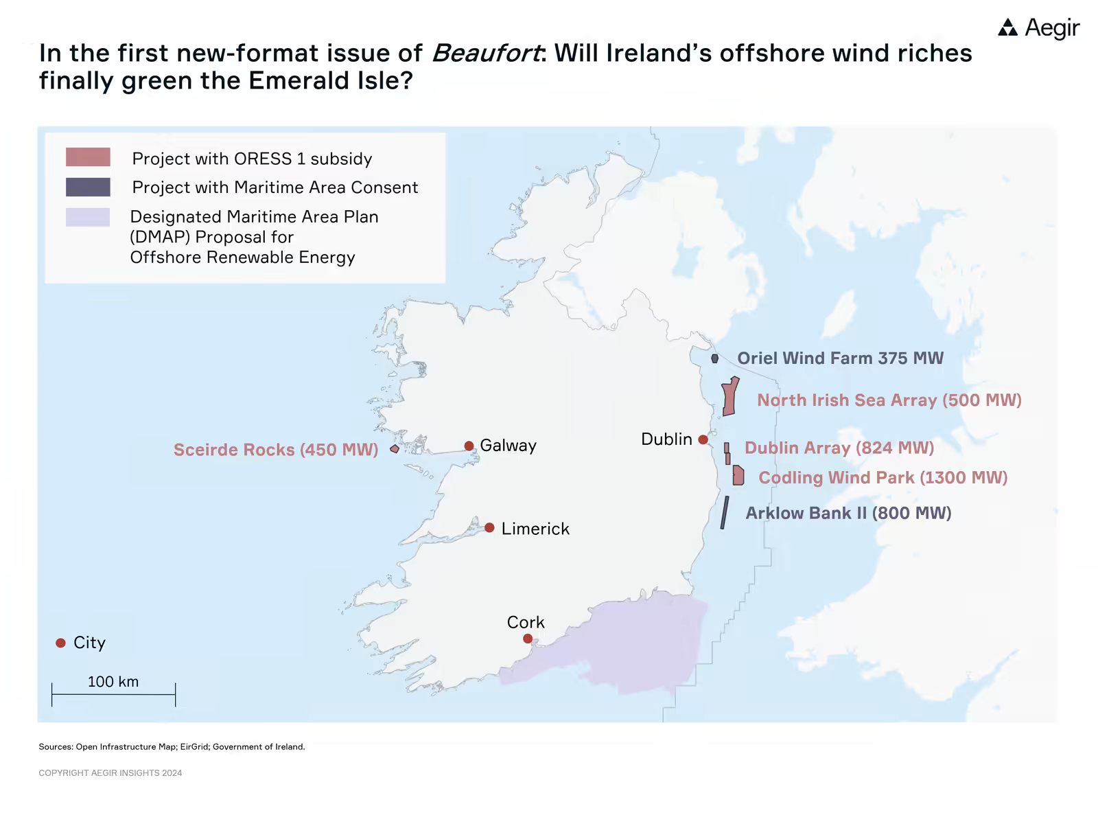 Map by Aegir Insights of Ireland, showing offshore wind projects with ORESS 1 subsidy, projects with Maritime Area Consent, and the designated maritime area plan (DMAP) proposal for offshore renewable energy.