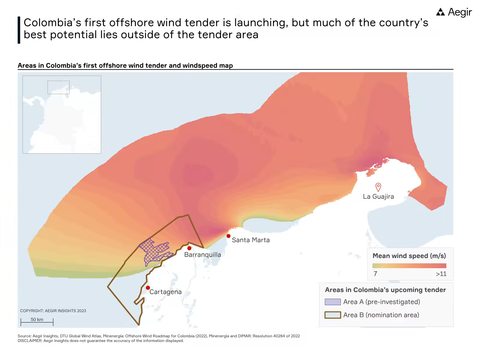 Map by Aegir Insights of the North of Colombia showing which area is part of the country's first offshore wind tender. Colombia's first offshore wind tender is launching, but much of the country's best potential lies outside of the tender area.