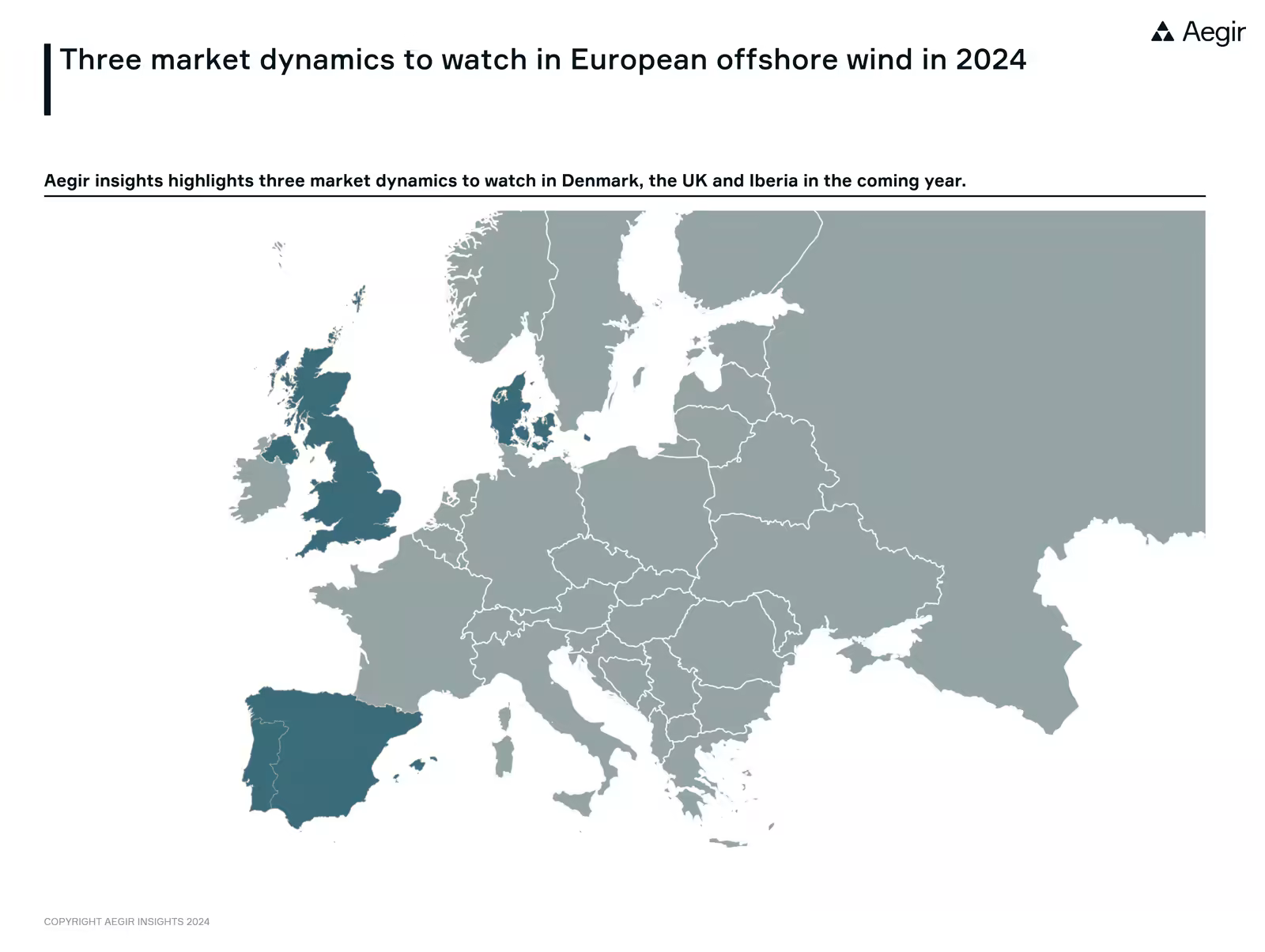 Three market dynamics to watch in European offshore wind in 2024. A map by Aegir Insights showing Europe, with Denmark, the UK and Iberia highlighted.