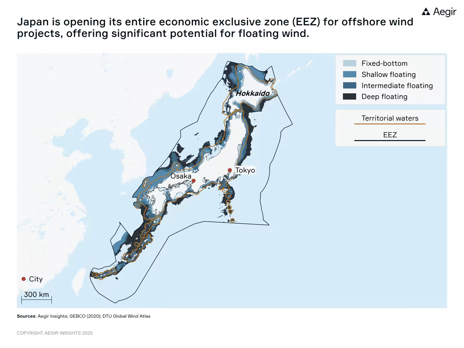 Map of Japan by Aegir Insights. the map shows the area of the territorial waters and the EEZ that has now been opened for offshore wind development.
