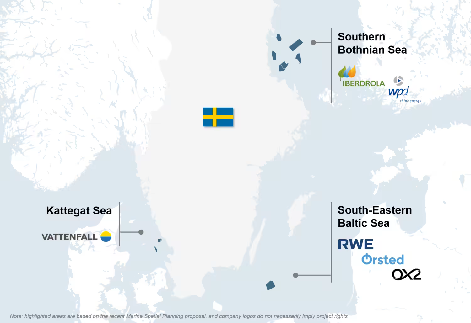 Map of Sweden with proposed offshore wind projects highlighted, including project developers.