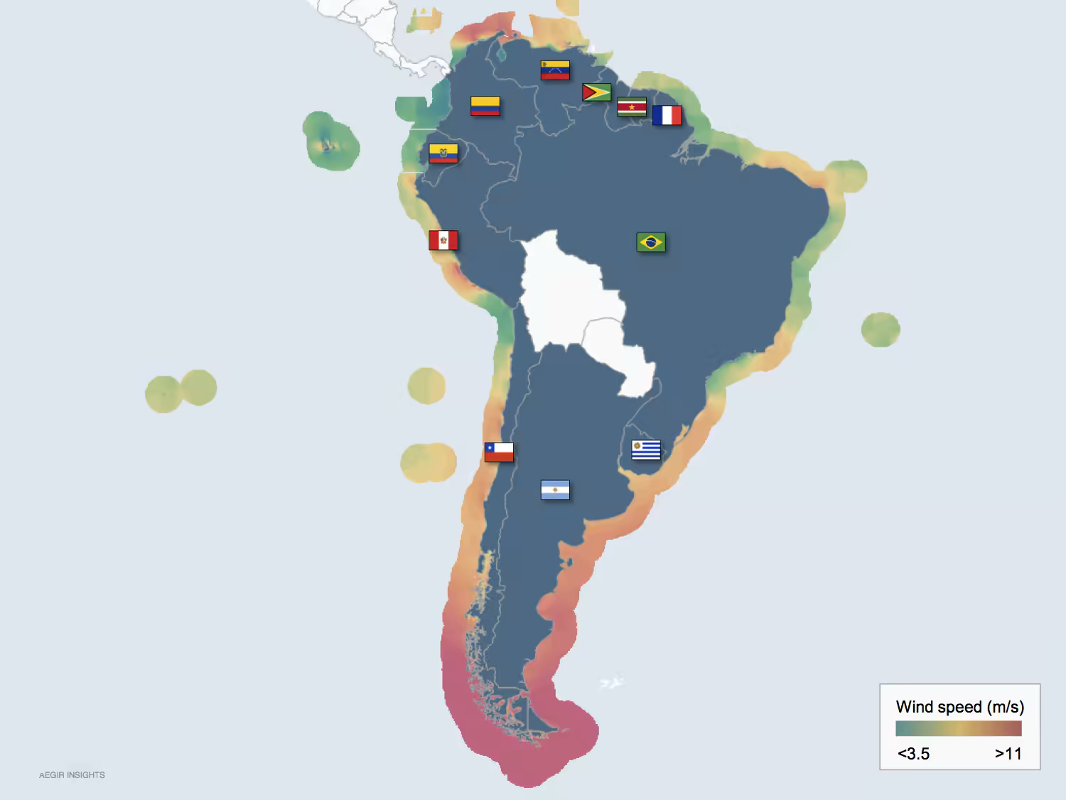 Illustration of wind speeds around South America. Exceptional wind resources could make South America a major offshore wind market by 2040.