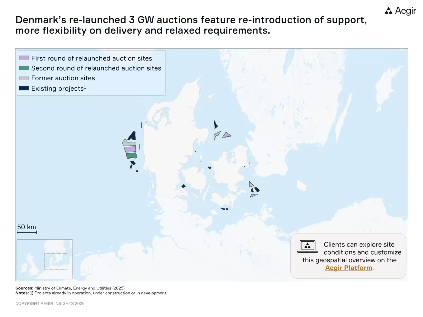 Map of Denmark by Aegir Insights. The map shows offshore wind auction sites and projects off Denmark. Denmark is re-launching its 3 GW auction featuring re-introduction of support, more flexibility on delivery and relaxed requirements.