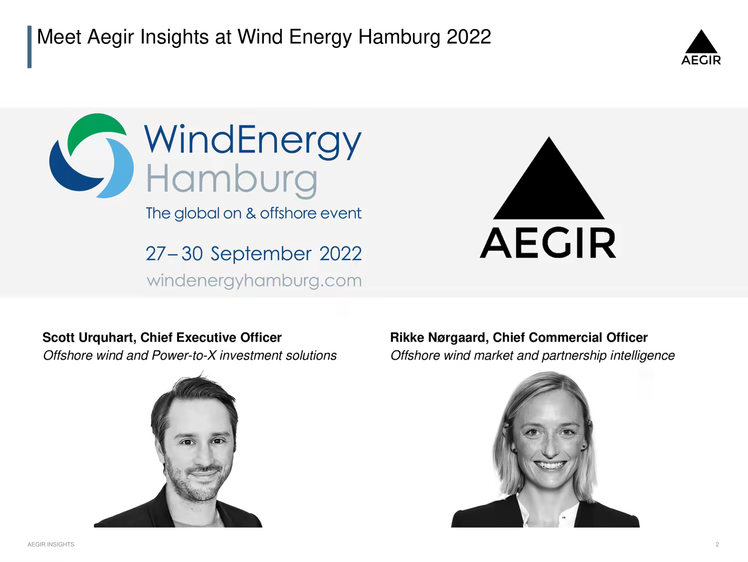 An ad for Aegir Insights at Wind Energy Hamburg, showing that CEO Scott Urqihart and COO Rikke Nørgaard will be present at the event in September 2022.