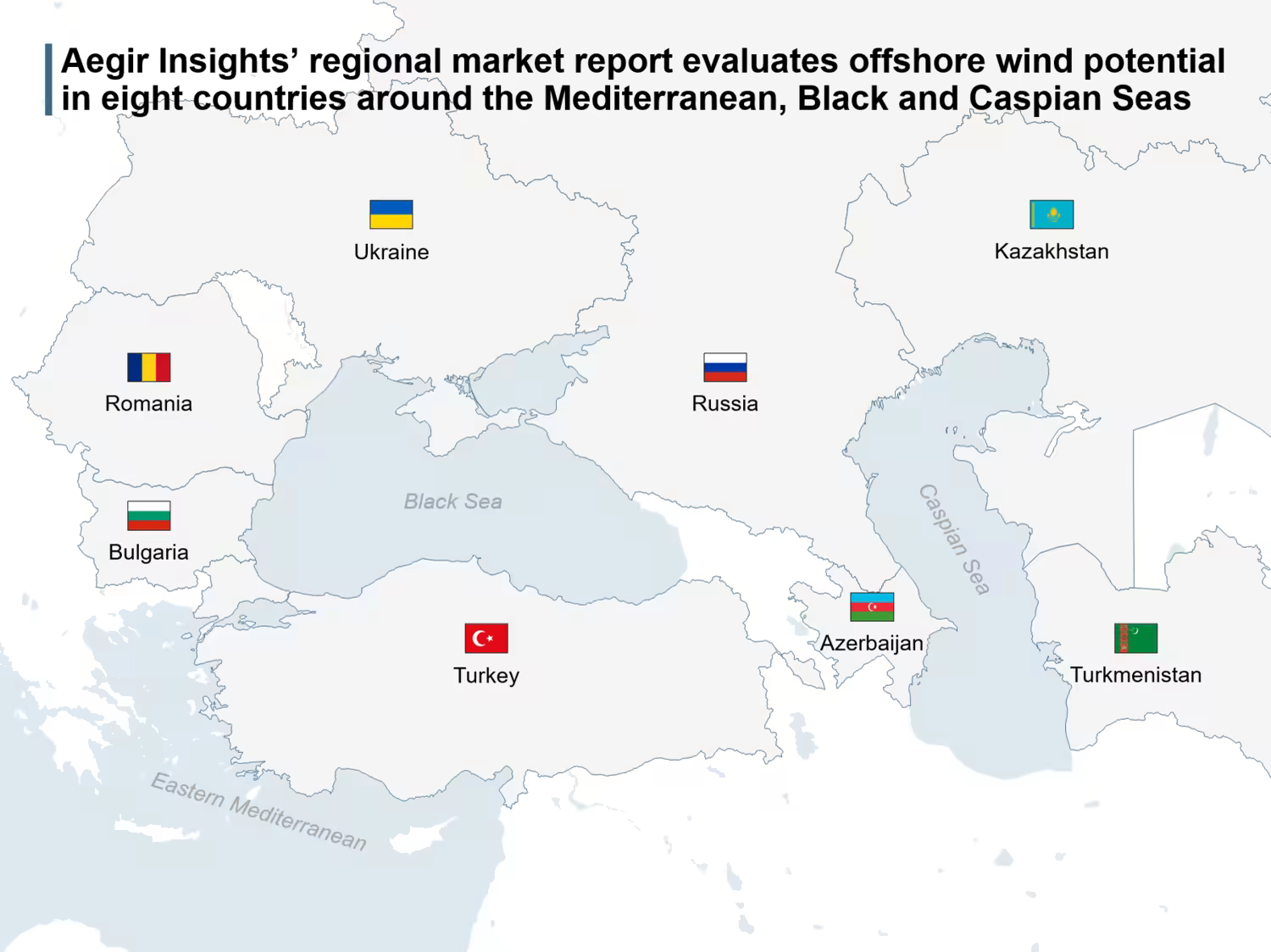 Map of Countries around the Mediterranean, Black and Caspian Seas with highlighted areas for offshore wind.