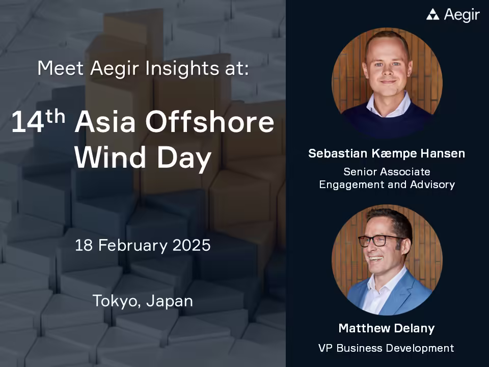 Advertisement for Aegir Insights attending the 14th Asia Offshore Wind Day in Tokyo, Japan on 18th February 2025.