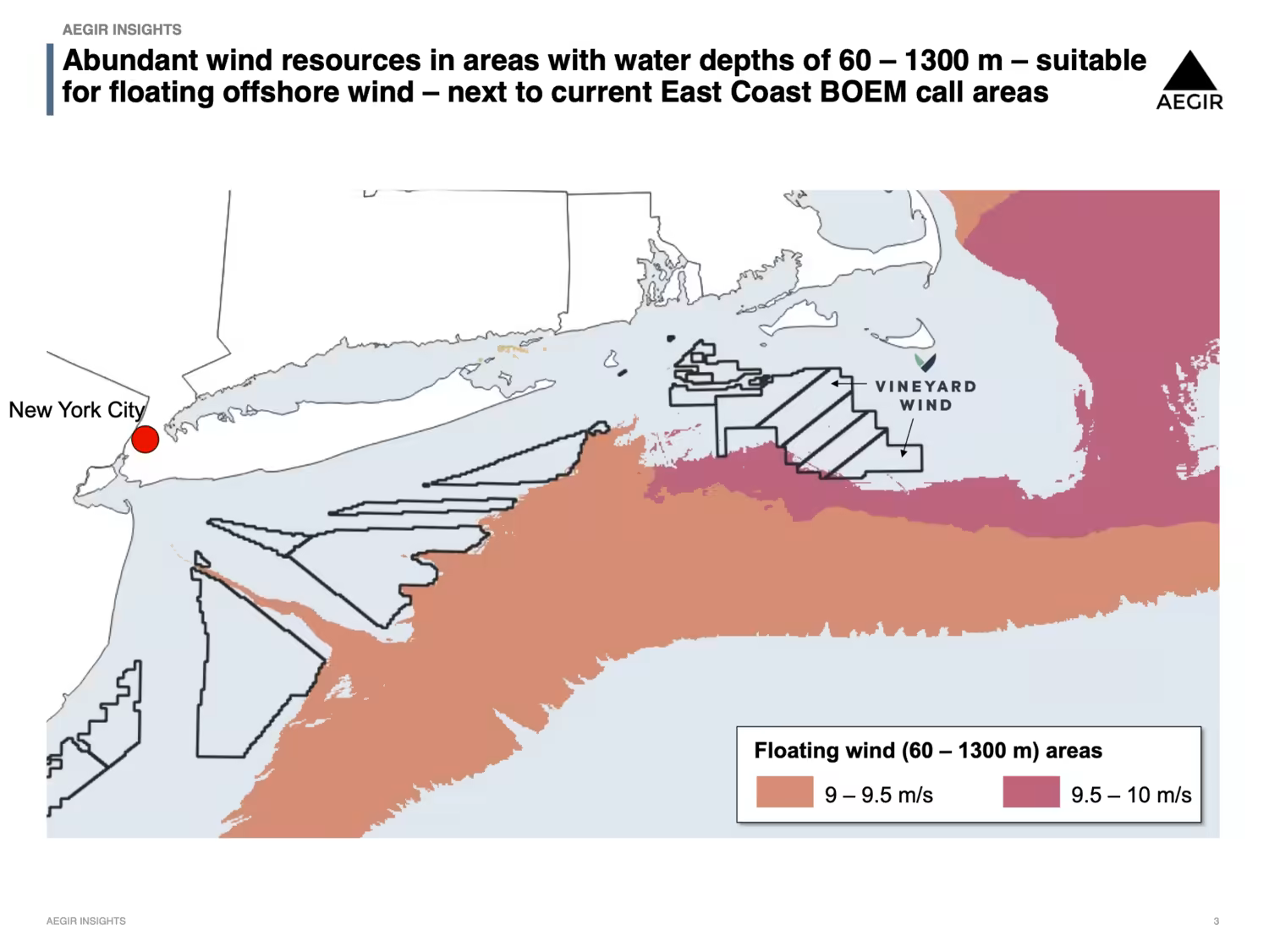 Map of the US East Coast off New York highlighting areas with good wind speeds. Abundant wind resources can be found in areas with water depths of 60-1300m suitable for floating offshore wind - next to current East Coast BOEM call areas