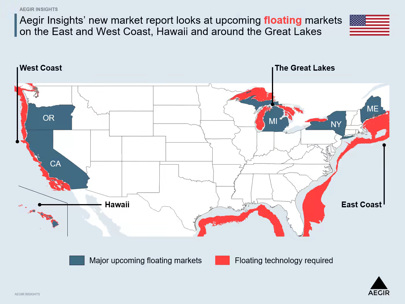 A map showing the U.S. and areas for floating offshore wind. Aegir Insights' new market report looks at upcoming floating market on the East and West Coast, Hawaii and around the Great Lakes.