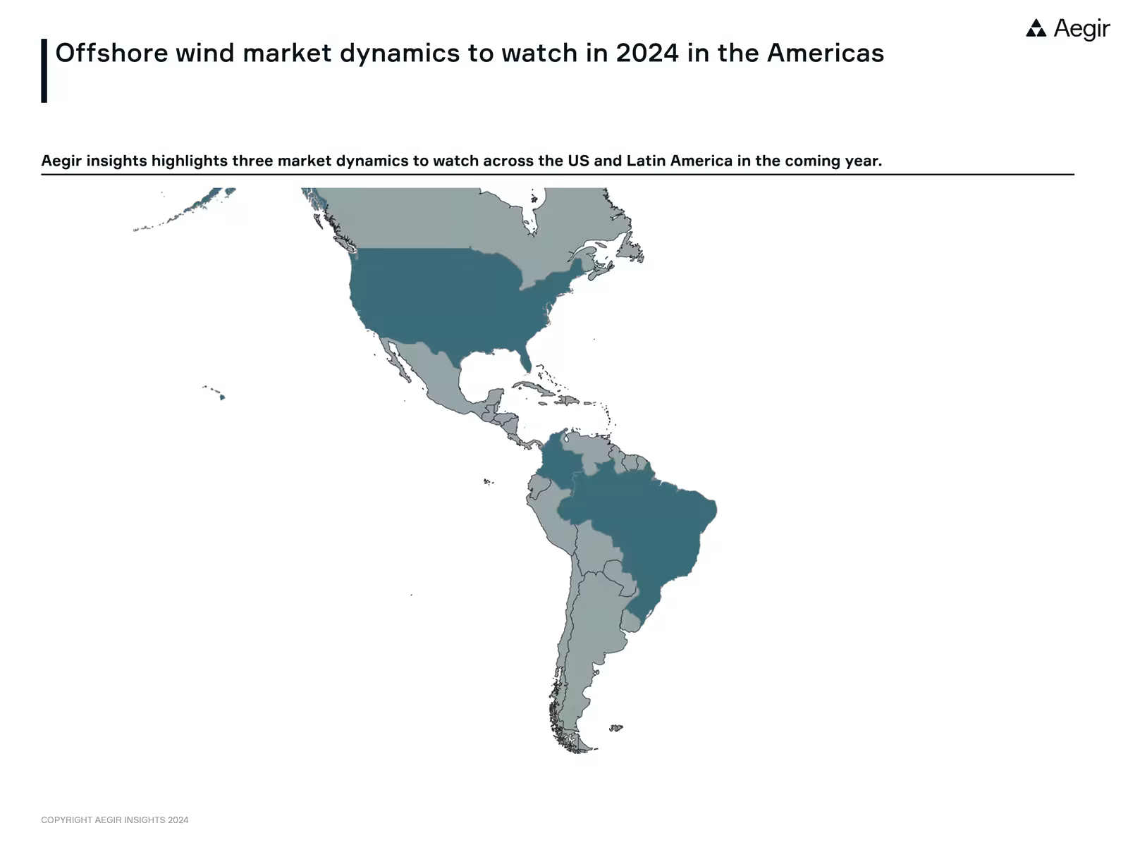 Offshore wind market dynamics to watch in 2024 in the Americas. A map by Aegir Insights of North and South America with the countries USA, Colombia and Brazil highlighted.