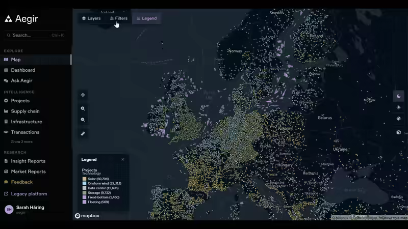 The Aegir Platform map view of Europe showing 100,000+ renewable projects, with Layers, Filters, and a technology Legend.