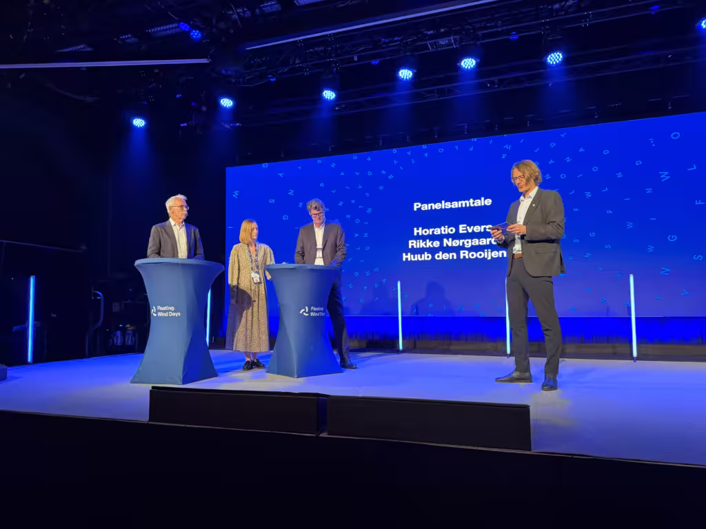 Panel discussions at the Floating Wind Days 2026 in Haugesund, Norway. Horation Evers, MingYang; Rikke Winther Nørgaard, Aegir Insights; Huub den Rooijen.