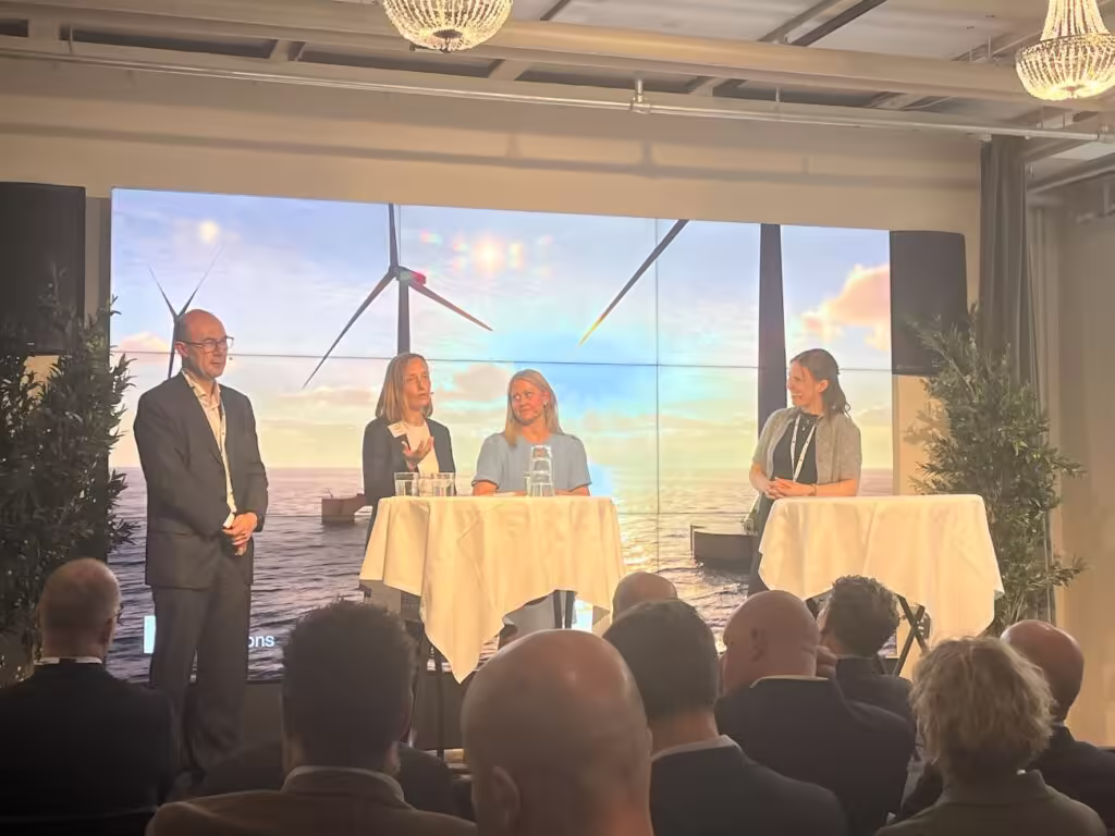 CCO Rikke Nørgaard joining Astrid Bergmål, State Secretary at the Norwegian Ministry of Energy, on stage at Aker Solutions’s event to share insights on the outlook for floating offshore wind during WindEurope 2025 Copenhagen.