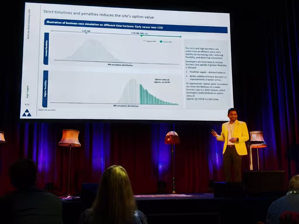 Aegir Insights' Principal - Regional Lead Europe Thomas Hwan Jensen speaking at the North Sea Wind Conference in Norway June 2025. His presentation focused on how to adapt market design to increase offshore wind market competitiveness.
