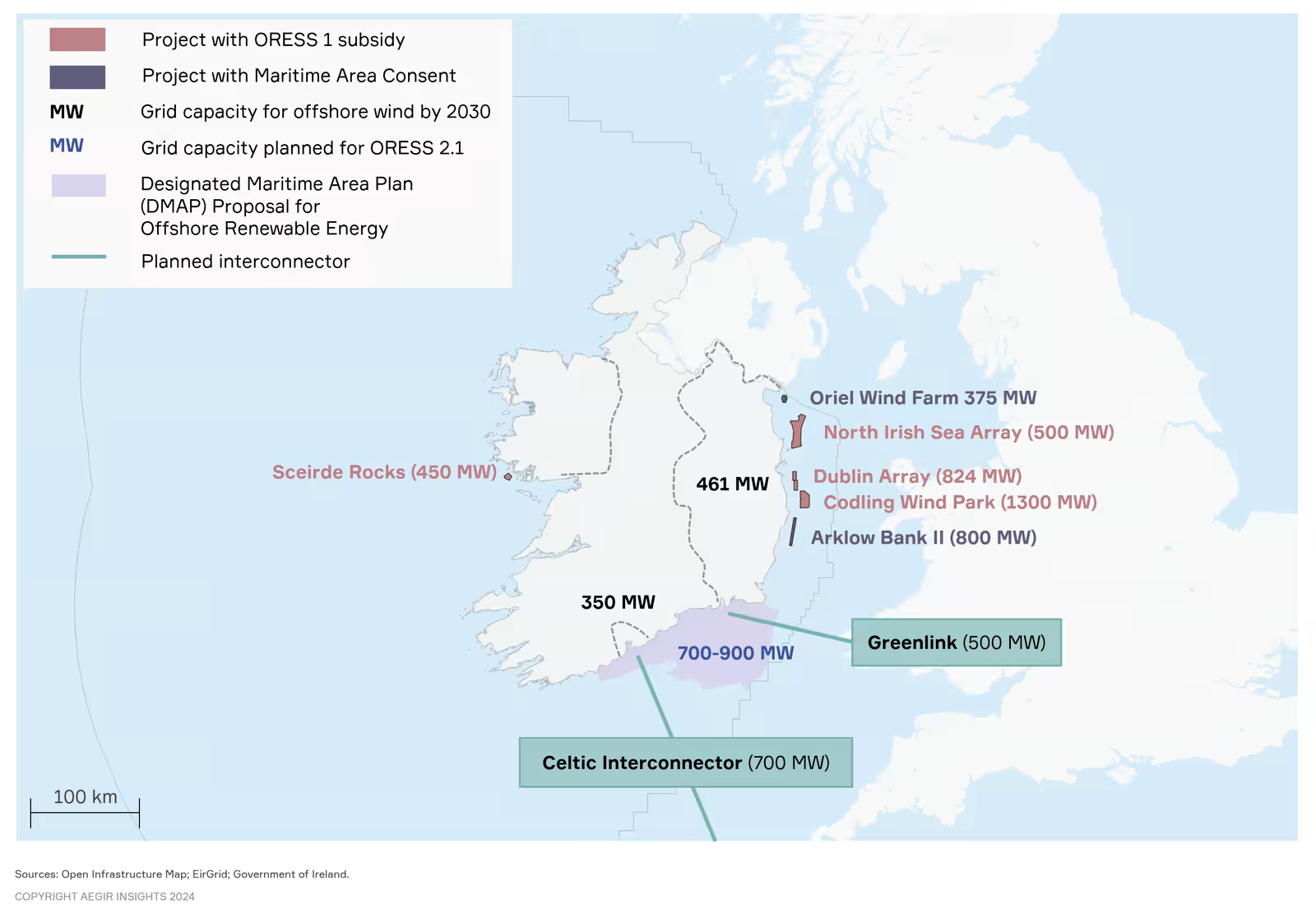 map by Aegir Insights showing offshore wind projects off Ireland with ORESS 1 subsidies or Marine Area Content.