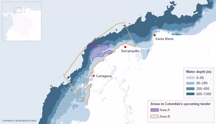 Map by Aegir Insights highlighting the area open for bidding in Colombia 's first offshore wind tender off Cartagena and Barranquilla. The map also shows the water depths off Colombia's North coast.