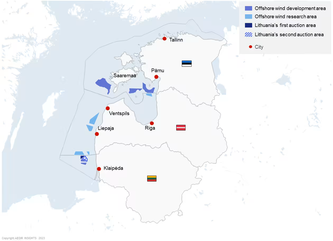 Overview of the most attractive areas in the Baltic states for offshore wind development based on site conditions and proximity to port and demand centers
