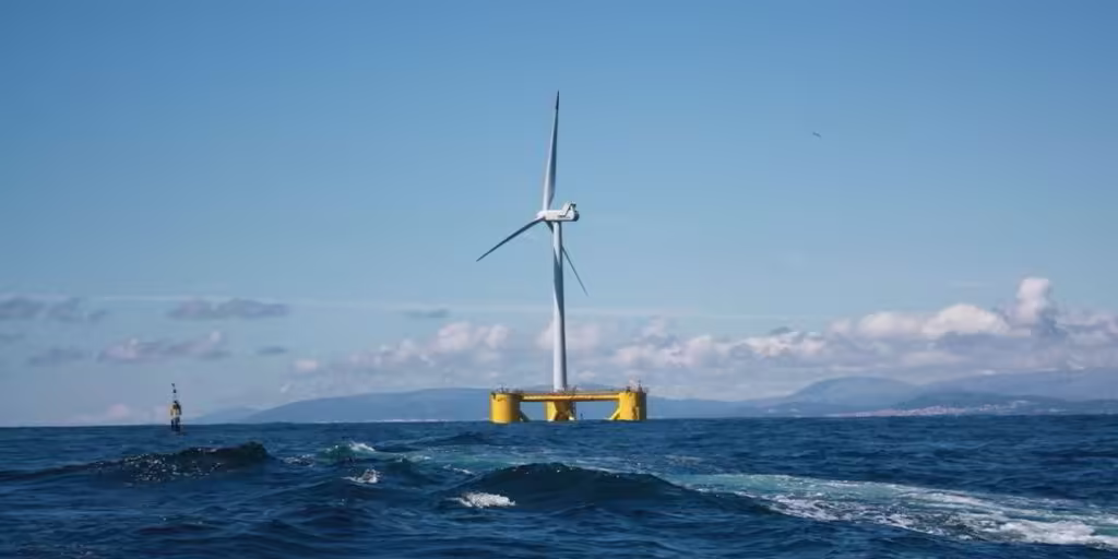 WindFloat 1, a floating wind turbine foundation demonstration project that ran from 2011 to 2016, photographed at sea.
