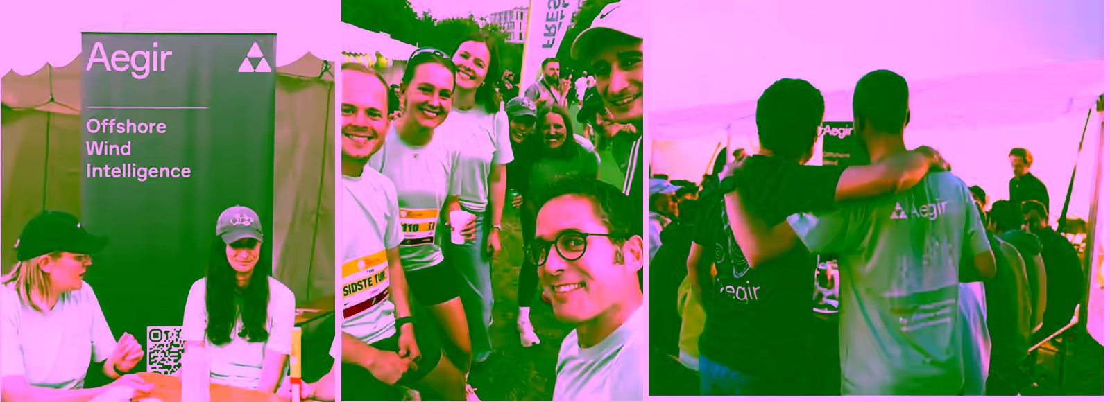 Three photos from the 2025 DHL relay run: colleagues at the Aegir Offshore Wind Intelligence rollup banner, a team selfie on the grass, and teammates arm in arm at the race tents.