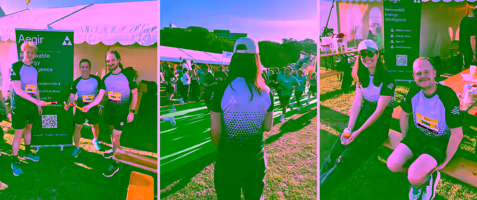 Three photos from the 2026 DHL relay run: runners exchanging relay batons at the Aegir rollup banner, the back of the team shirt reading Powered by Aegir Quant facing the finishing straight, and two colleagues at the team tent.