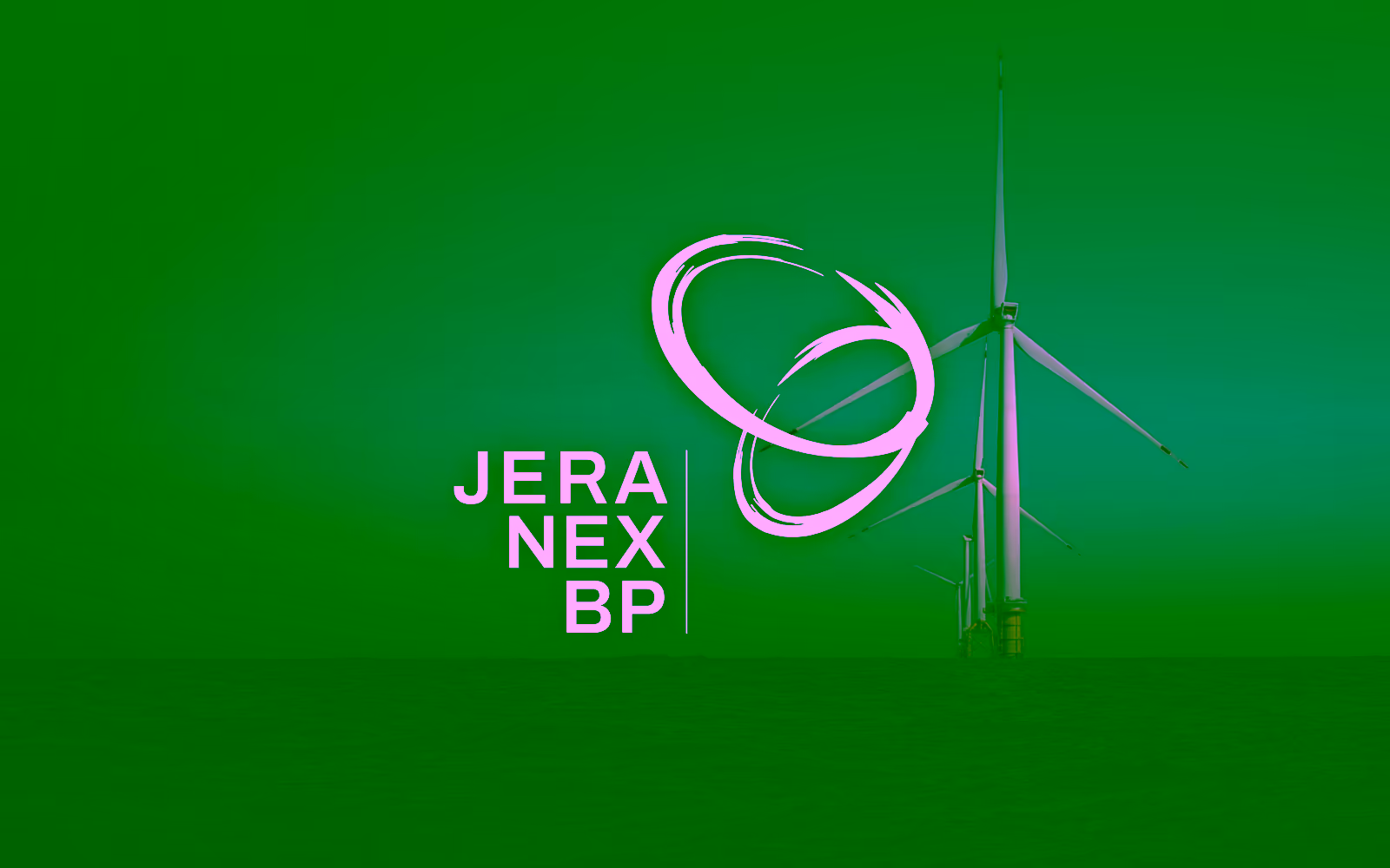 JERA Nex bp logo over an offshore wind turbine in deep blue sea