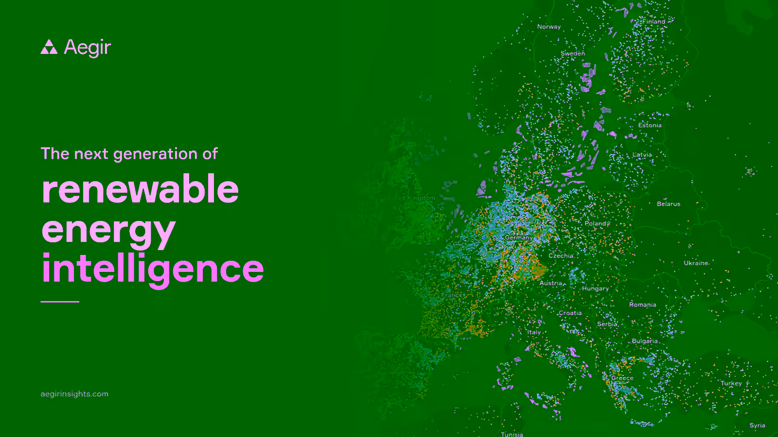 The next generation of renewable energy intelligence, shown over a map of Europe covered in renewable energy project locations.