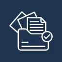 Icon of a folder with documents and a checkmark symbol.