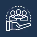 Hand holding an icon of three people inside a dotted semicircle representing responsibility or support.