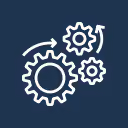 Three white interlocking gears on a dark blue background with arrows indicating rotation.