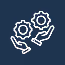 Two hands holding two interlocking gears, symbolizing collaboration or support in mechanics.