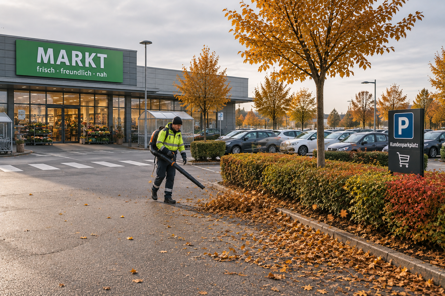 Laubräumung auf Wegen und Parkflächen im Herbst