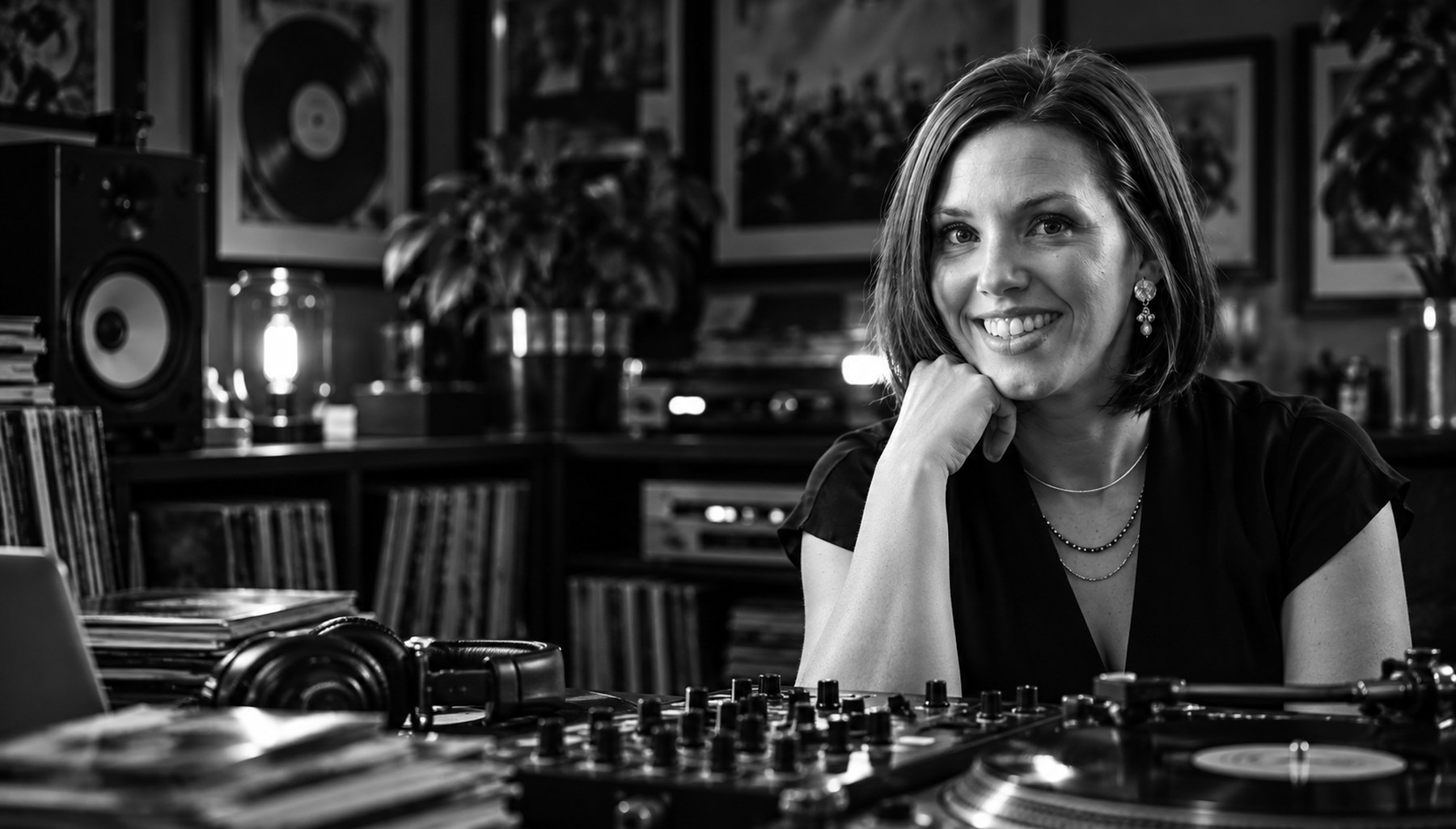 DJ Lisa, known as DJ Doc, smiling at her turntables in a record-lined studio