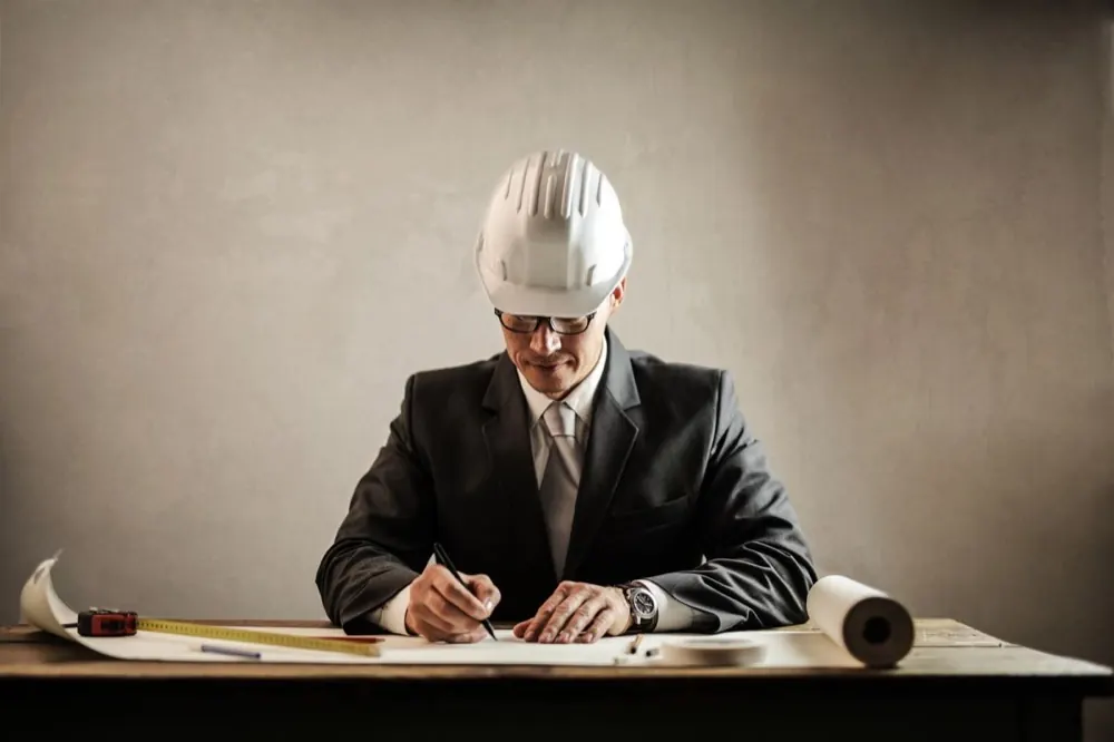 Économiste de la construction chiffrant un projet sur plans